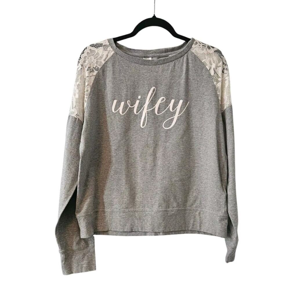 David’s Bridal WIFEY Womens LG Top Grey Long Sleeve Lace Shoulders